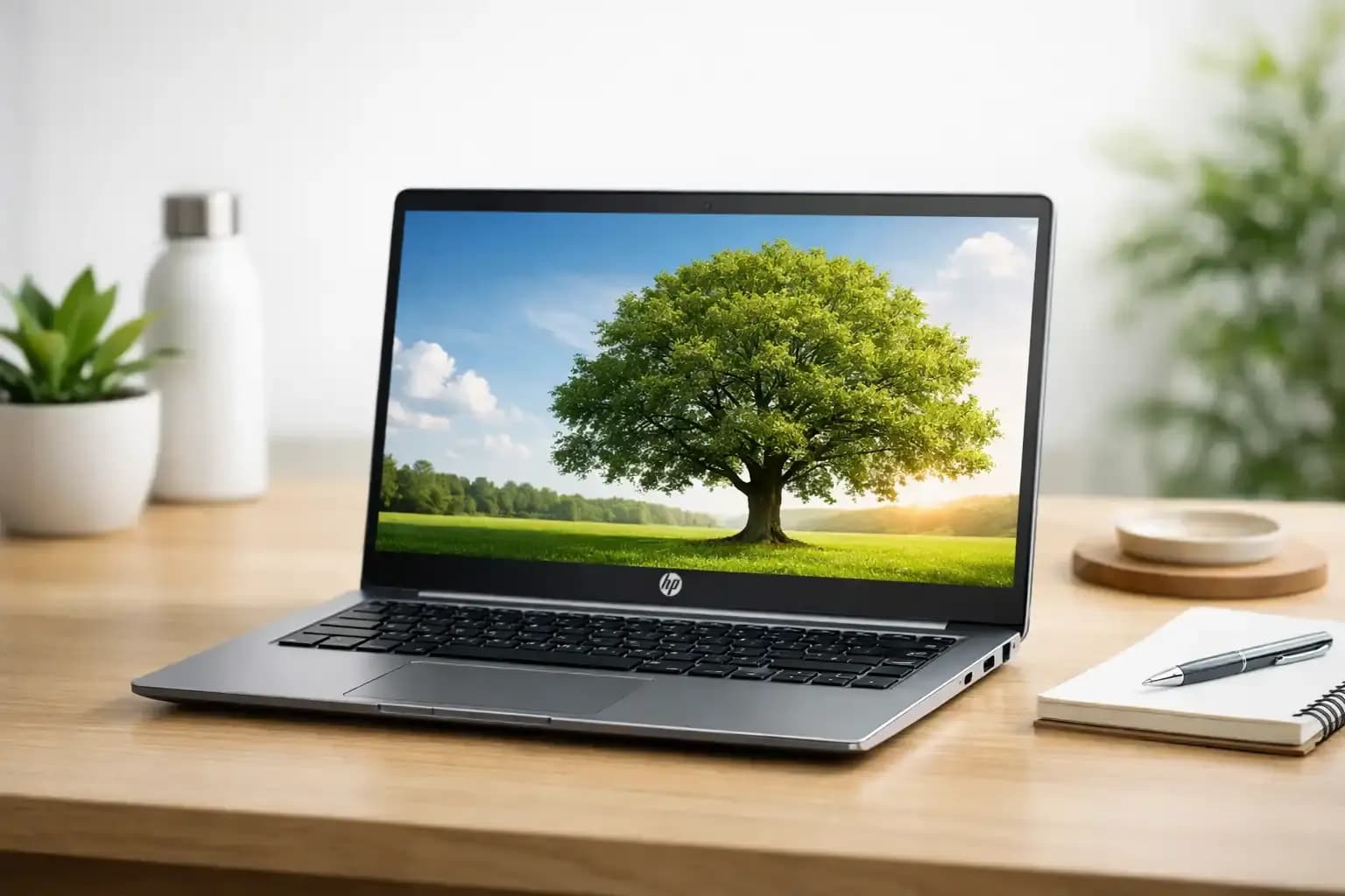Endurnýtt HP fartölva með tré á skjánum á viðarborði